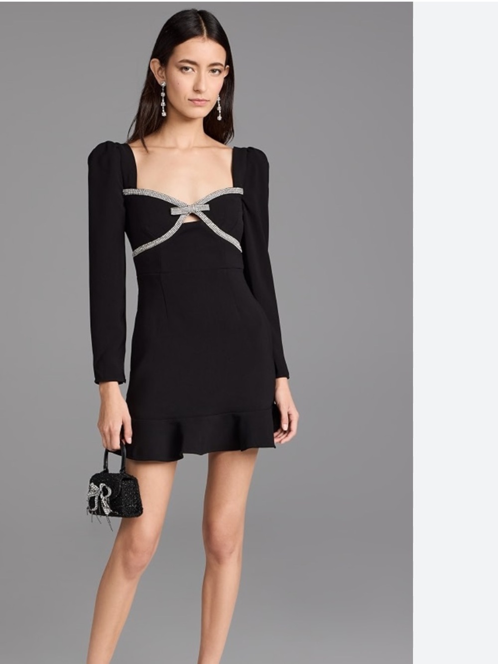 Self-Portrait Black Long-Sleeve Mini Dress with Rhinestone Bow